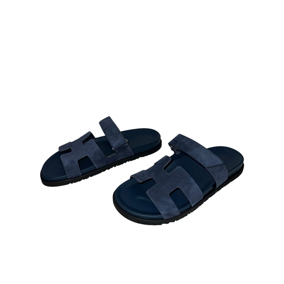 Hermes Chypre Sandal Blue Celeste Dark Suede Logo Strap Slide Slip On Flat 42 - Picture 9 of 11